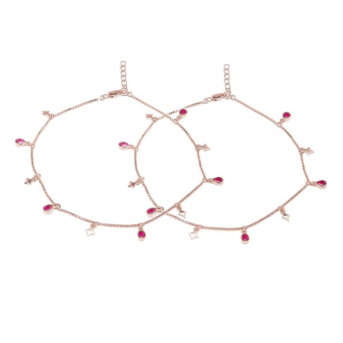 925 Sterling Silver Cubic Zirconia Star Rose Gold Plating Chain Anklet