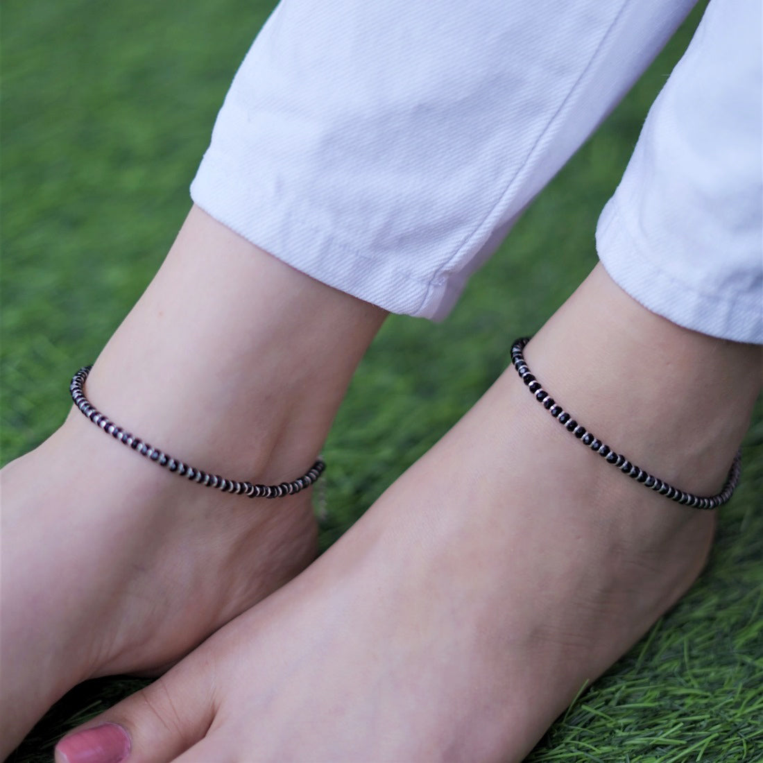 Black Nazariya 925 Silver Anklets in Silver Chain