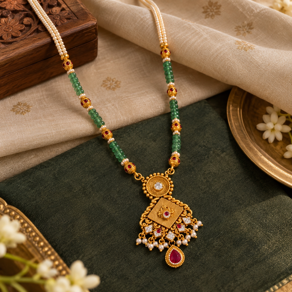 Green Beads Temple Pendant Necklace | 925 Pure Silver