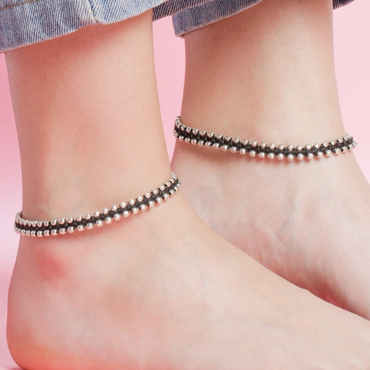 Classic Beaded Rhodium Plated 925 Sterling Silver Thread Anklet