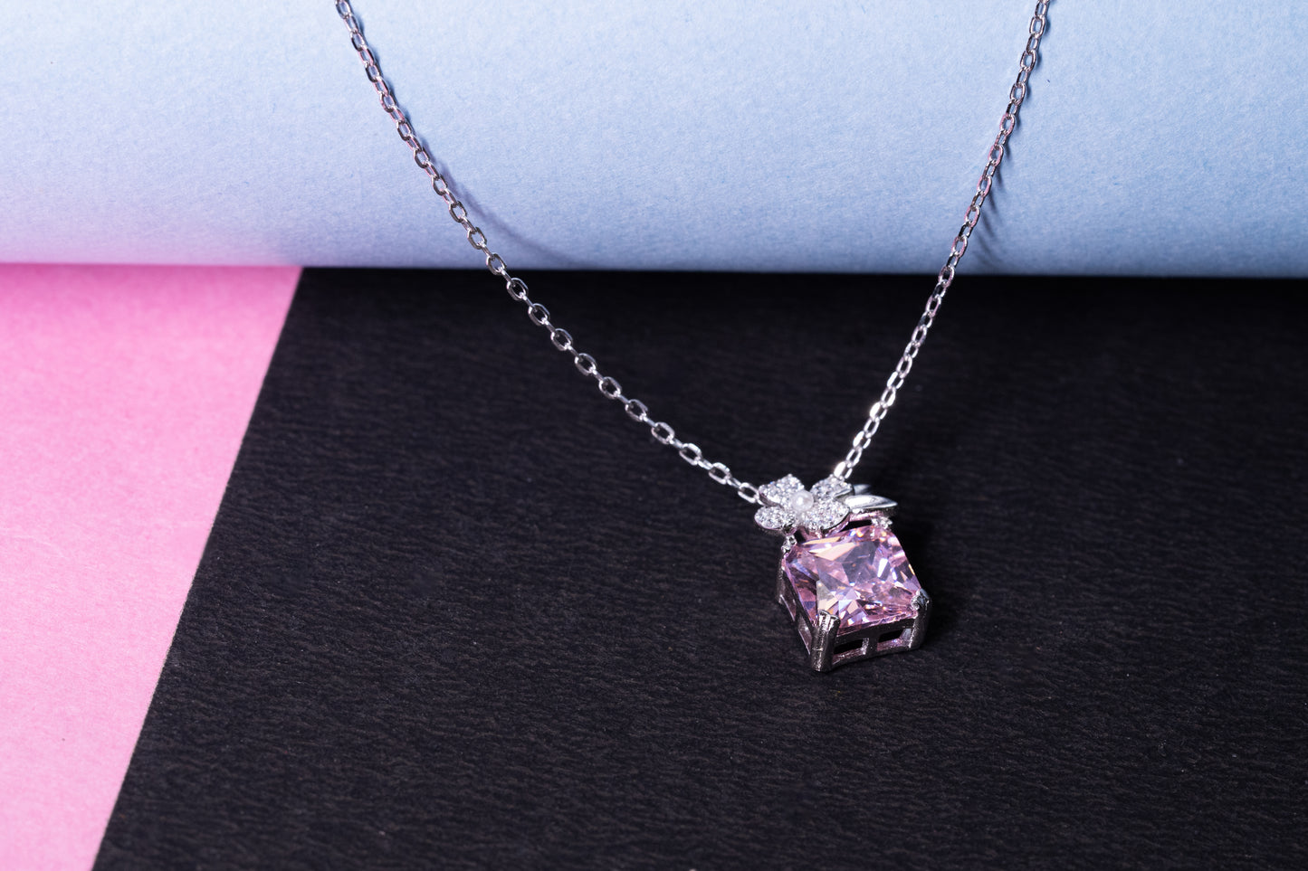 Silver Pink Crystal Pendant with Link Chain