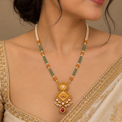 Green Beads Temple Pendant Necklace | 925 Pure Silver hover image