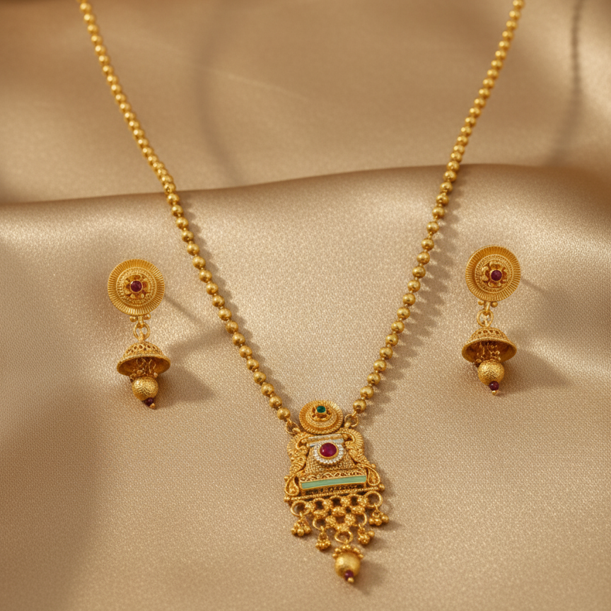 Ruby Red Studded Mangalsutra with Earrings