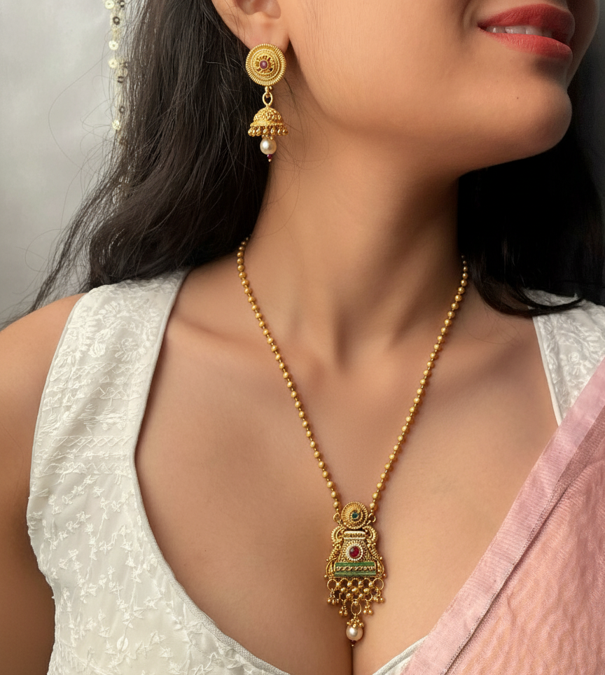 Ruby Red Studded Mangalsutra with Earrings