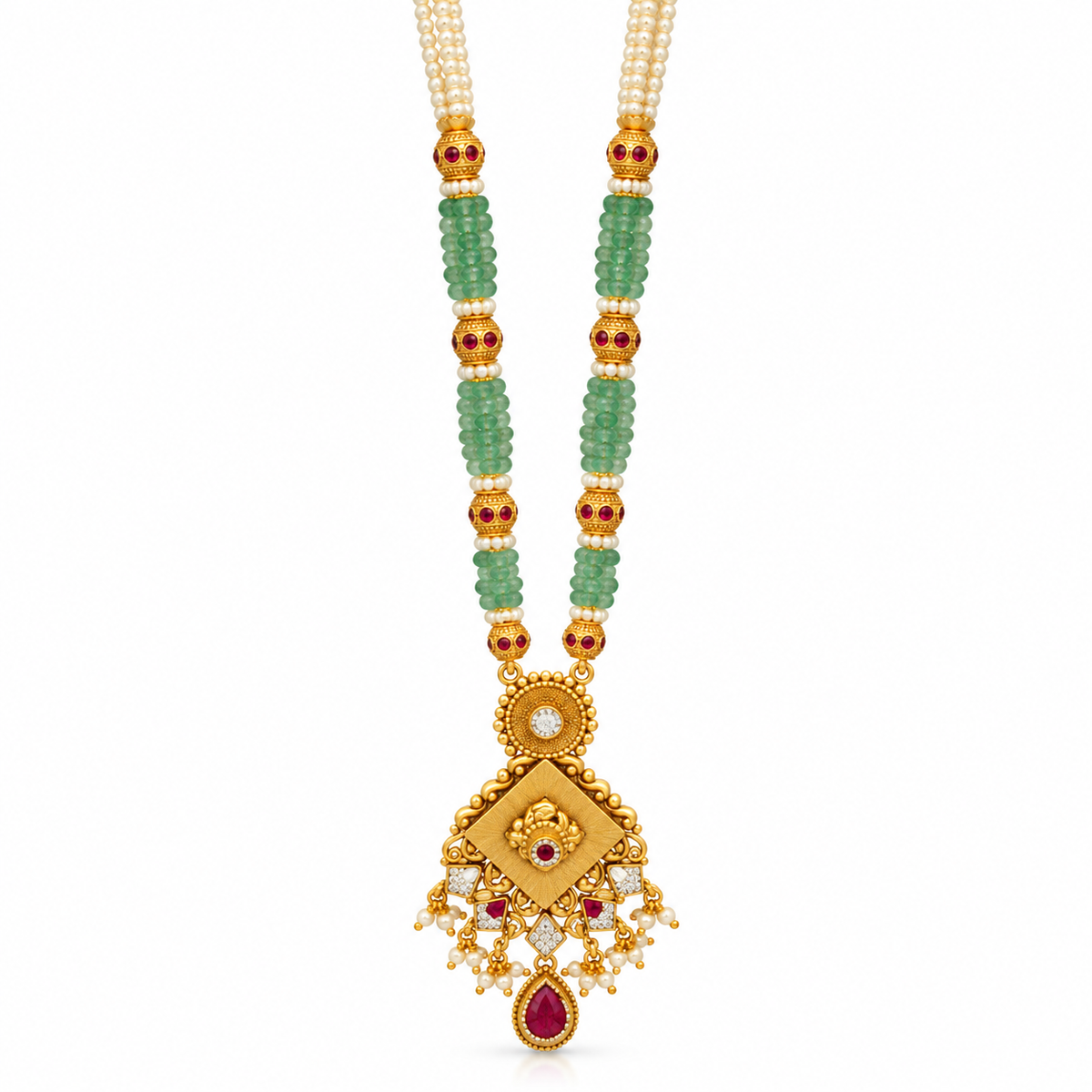 Green Beads Temple Pendant Necklace | 925 Pure Silver