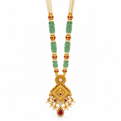 Green Beads Temple Pendant Necklace | 925 Pure Silver