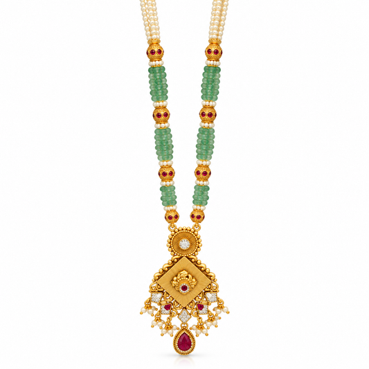 Green Beads Temple Pendant Necklace | 925 Pure Silver