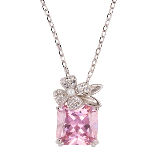 Silver Pink Crystal Pendant with Link Chain